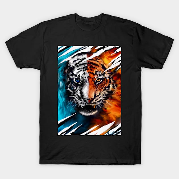 Fire And Ice Abstract Tiger T-Shirt by Artbythree